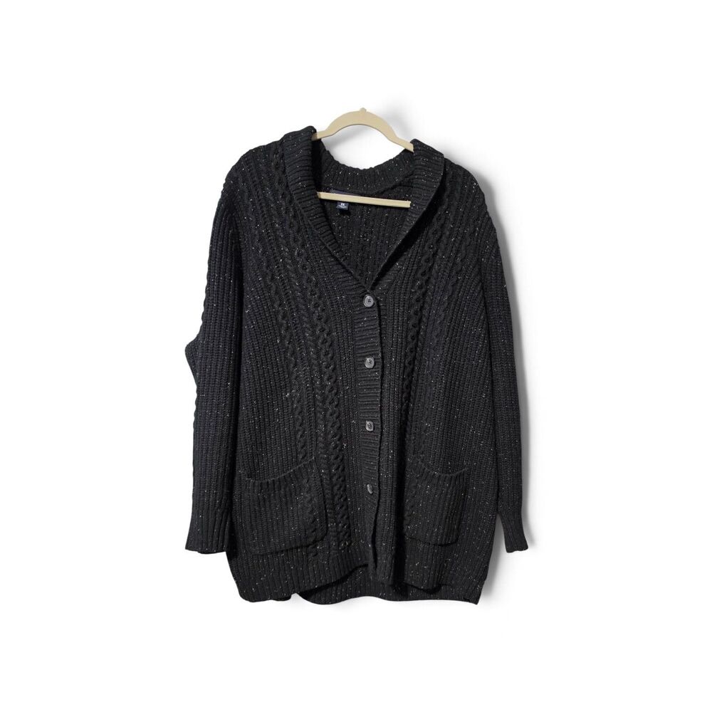 Lands' End Womens 2X Black Heavy Cable Knit Wool Blend  Cardigan Sweater Buttons